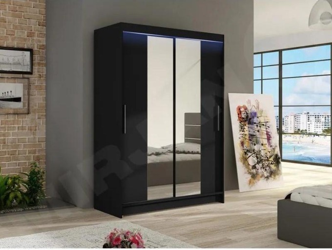 Skříň s posuvnými dveřmi a zrcadlem Ada II, Barva: černá / zrcadlo, Osvětlení: osvětlení LED RGB - barevné