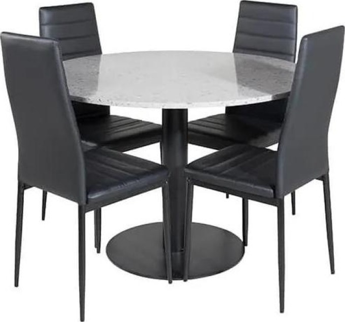 Moderní stolová souprava s luxusním kulatým stolem z teraca v šedé a černé barvě ekokůže