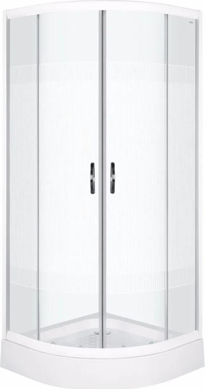 Světlý čtvrtkruhový sprchový kout s vaničkou o rozměru 90x90 cm a dvoukřídlými posuvnými dveřmi