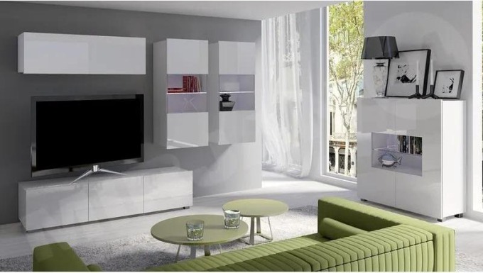 Obývací stěna Bralani VI, Barva: bílá / bílá lesk, Osvětlení: osvětlení LED - modré