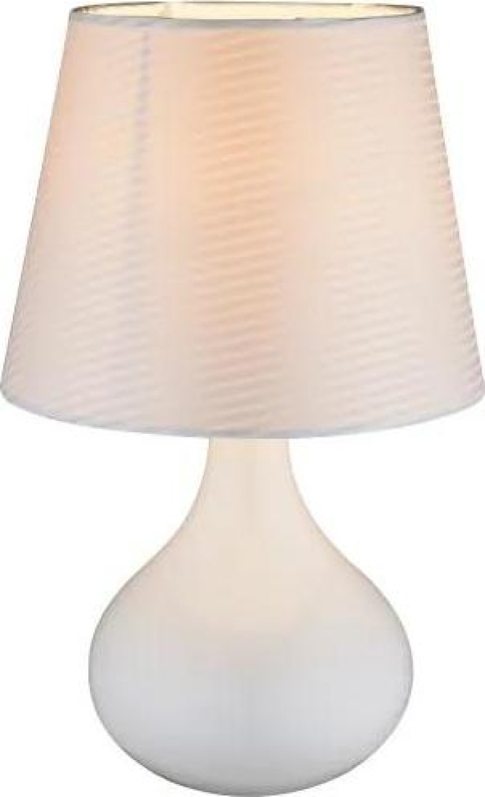 Stolní lampa s keramickým bílým designem a textilním bílým stínítkem, včetně kabelu 1,2m, vypínačem a možností použití žárovky 1xE14, max. 40W 230V