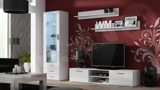 Obývací stěna Boho I, Osvětlení: osvětlení LED - modré, Barva: bílá / bílá lesk