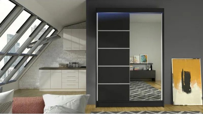 Posuvná skříň Parys III, Barva: černá + černá + zrcadlo, Osvětlení: osvětlení LED RGB - barevné