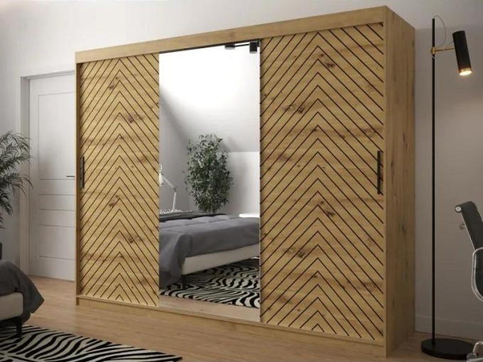 Posuvná skříň se zrcadlem Ratintu 250 cm, Úložný prostor: ne, Barva: dub artisan / dub artisan + černá