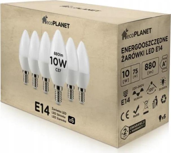 6x LED žárovka - ecoPLANET - E14 - 10W - svíčka - 880Lm - teplá bílá