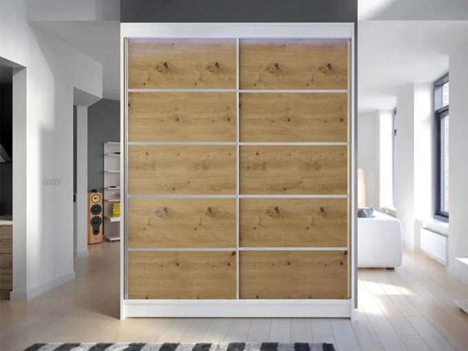 Posuvná skříň Belgia IV, Barva: bíla/dub artisan, Osvětlení: osvětlení LED RGB - barevné