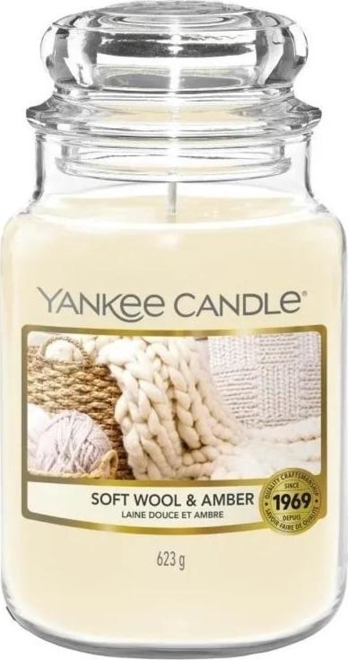 Yankee Candle Svíčka Yankee Candle 623 g - Soft Wool & Amber, krémová barva, sklo, vosk
