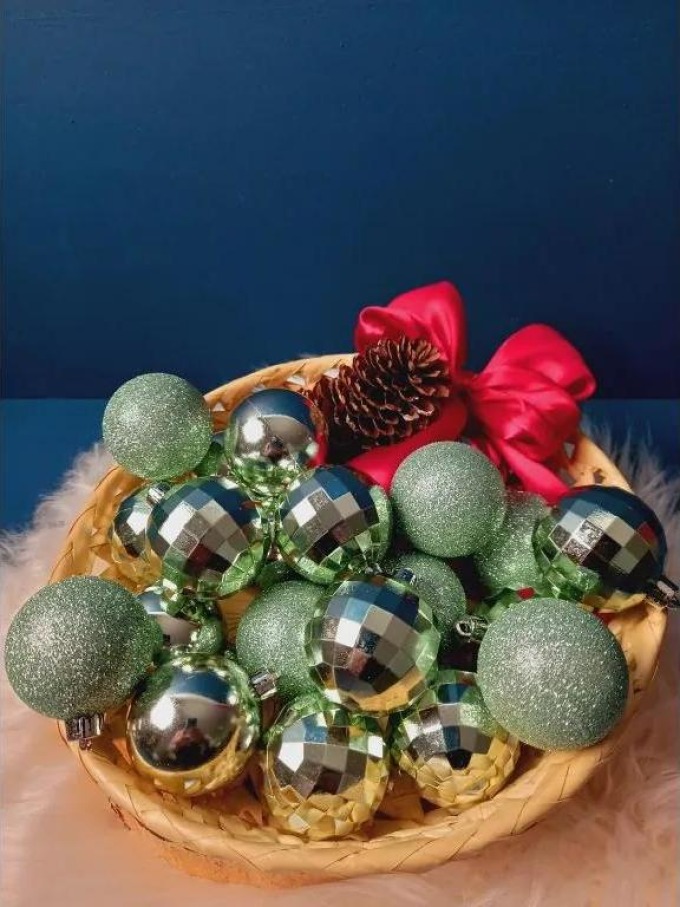 Vánoční koule na stromeček, 5cm, 24ks, mint, lesklá, třpytky, mozaika