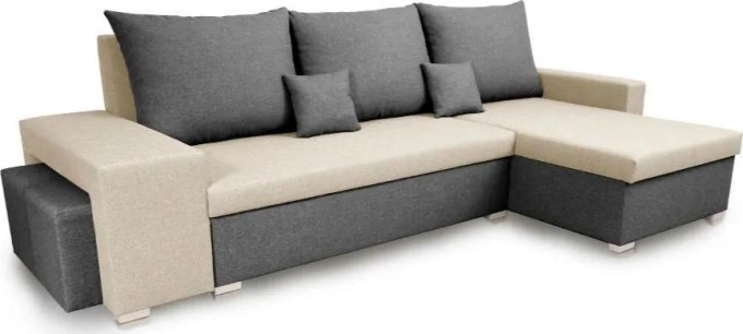 Rozkládací rohová sedací souprava s funkcí spaní a úložným prostorem na ložní soupravu, doplněná o 2 taburety, ve šedé a béžové barvě