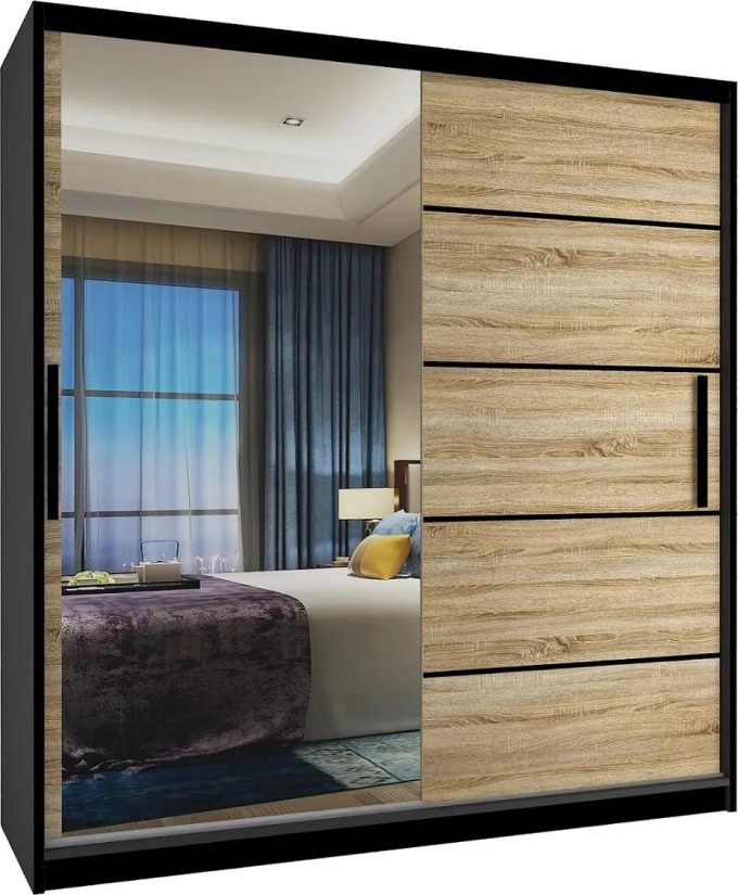 Šatní skříň 158 cm Belini černý mat / dub sonoma s posuvnými dveřmi a zrcadlem MZ SZP3/1/B/DS/0/BL