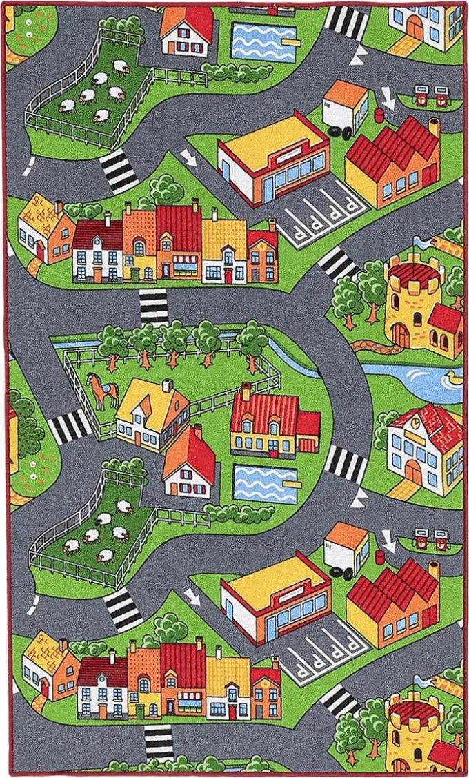 Kusový koberec s motivem vesnice a silnic pro děti, rozměry 100 x 165 cm, vícebarevný