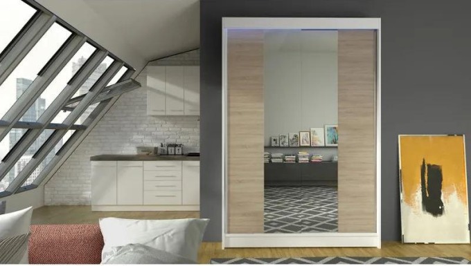 Posuvná skříň se zrcadlem Parys II, Barva: bílá + sonoma + zrcadlo, Osvětlení: osvětlení LED RGB - barevné