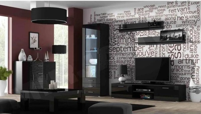 Obývací stěna Boho II, Osvětlení: osvětlení LED RGB - barevné, Barva: černý / černý lesk