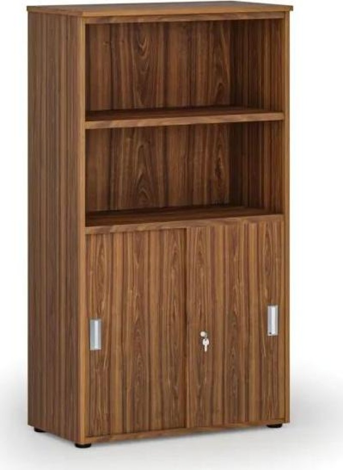 Kombinovaná kancelářská skříň PRIMO WOOD, zasouvací dveře na 2 patra, 1434 x 800 x 420 mm, ořech