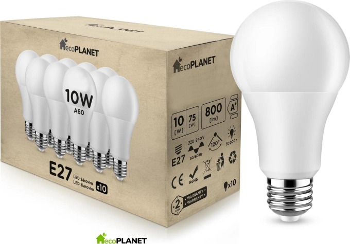 10x LED žárovka - ecoPLANET - E27 - 10W - 800Lm - studená bílá