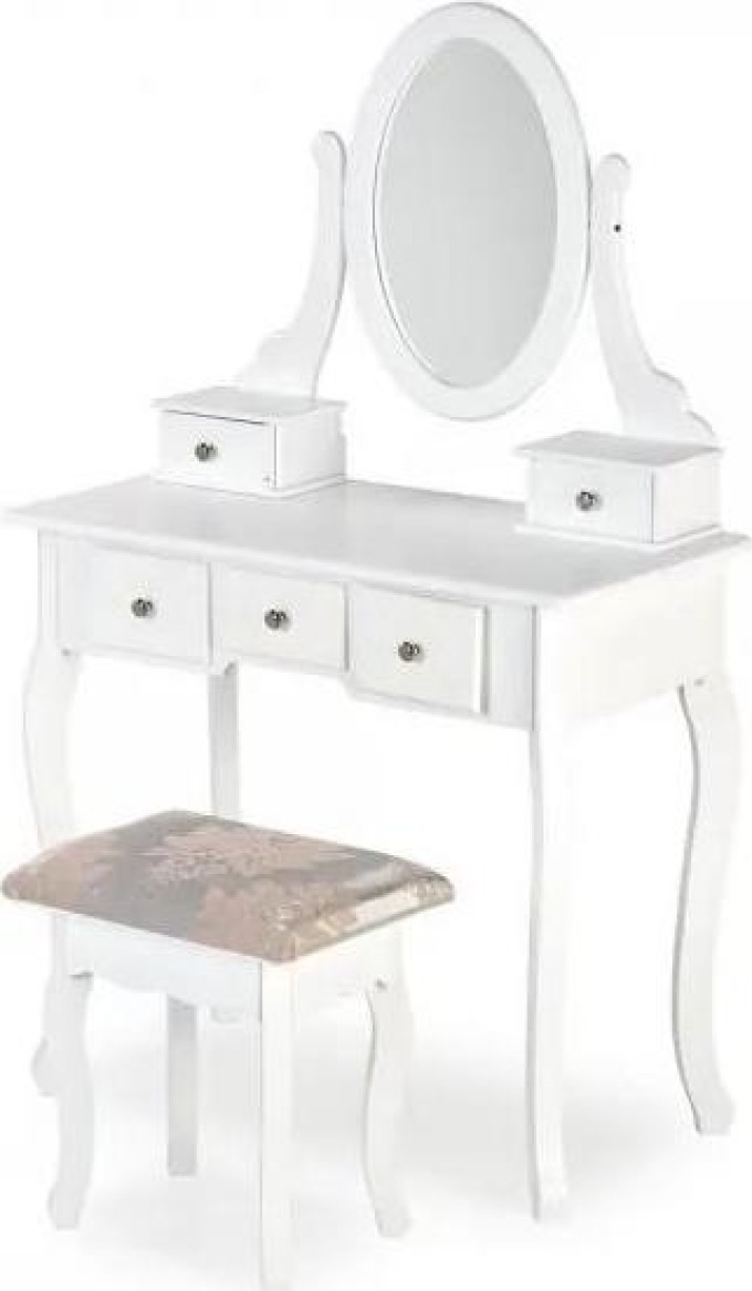 Toaletní stolek Sara s viktoriánským designem a bílým lakem se starorůžovým čalouněním, otočným zrcadlem a pěti zásuvkami pro kosmetiku a drobnosti, nosností 40 kg (stůl) a 100 kg (stolička)
