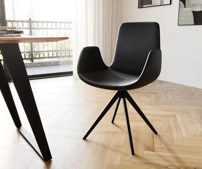DELIFE Otočná židle Ilia-Flex s loketními opěrkami křížová podnož zaoblená otočná černá pravá kůže černá