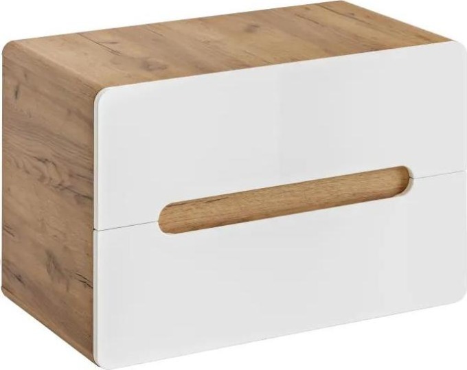 Závěsná skříňka pod umyvadlo s moderním designem, vyrobena z laminované dřevotřísky a s lesklým bílým čelem z MDF desky, vhodná pro koupelnu