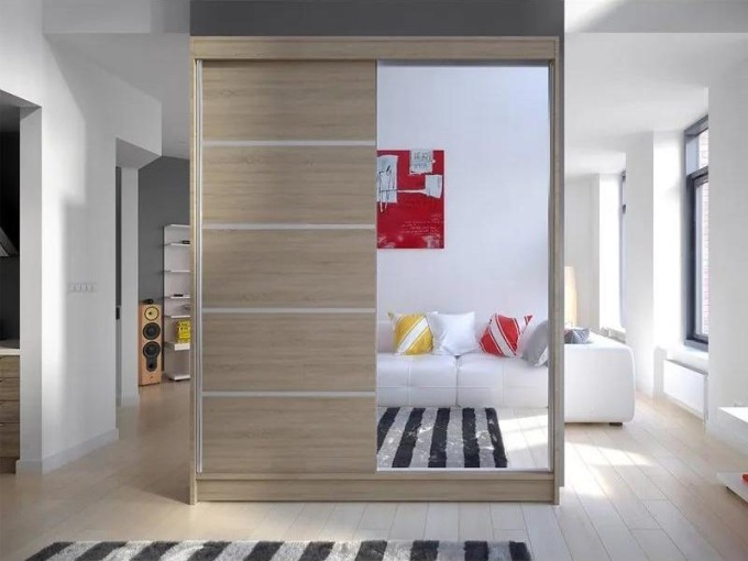Šatní skříň Belgia III, Barva: sonoma / zrcadlo, Osvětlení: osvětlení LED RGB - barevné