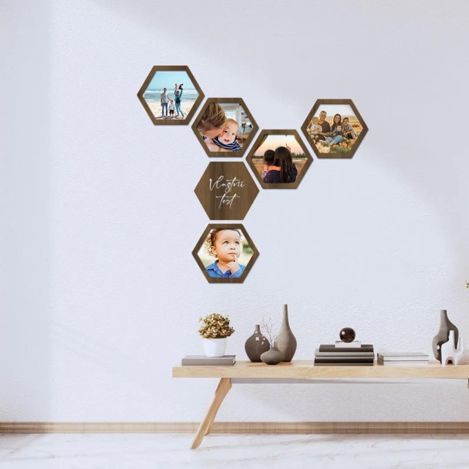 dřevo života Fotorámaček HEXAGON Barevný vzor: Ořech, Velikost foto: 9x13, Text: Vlastní text