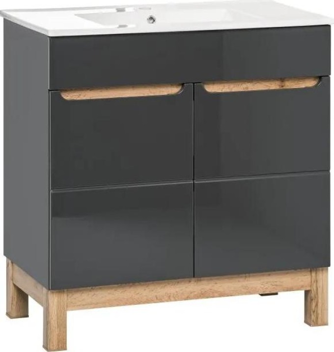 Stojatá skříňka s umyvadlem v šedé barvě a moderním designem, součást skupiny koupelnového nábytku BALI