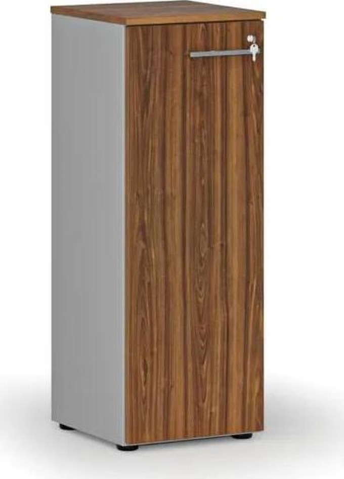Nízká kancelářská skříň s dveřmi PRIMO GRAY, 1087 x 400 x 420 mm, šedá/ořech