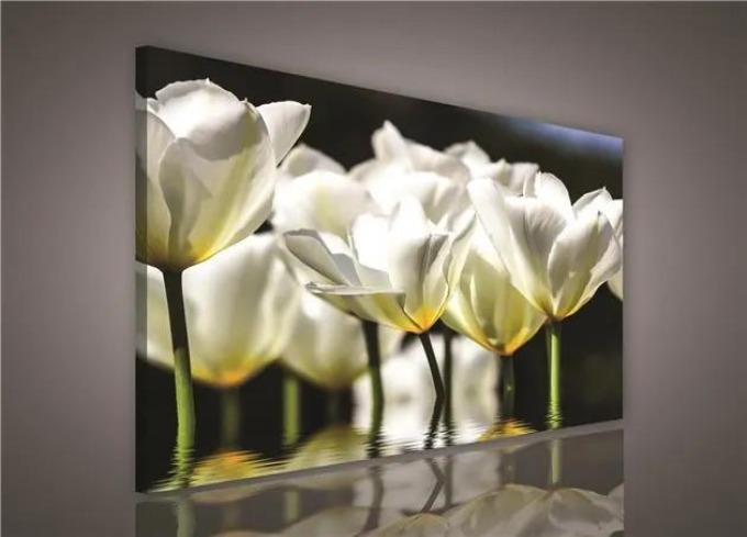 Bílé květy na plátně s digitálním tiskem ve velikosti 100 x 75 cm