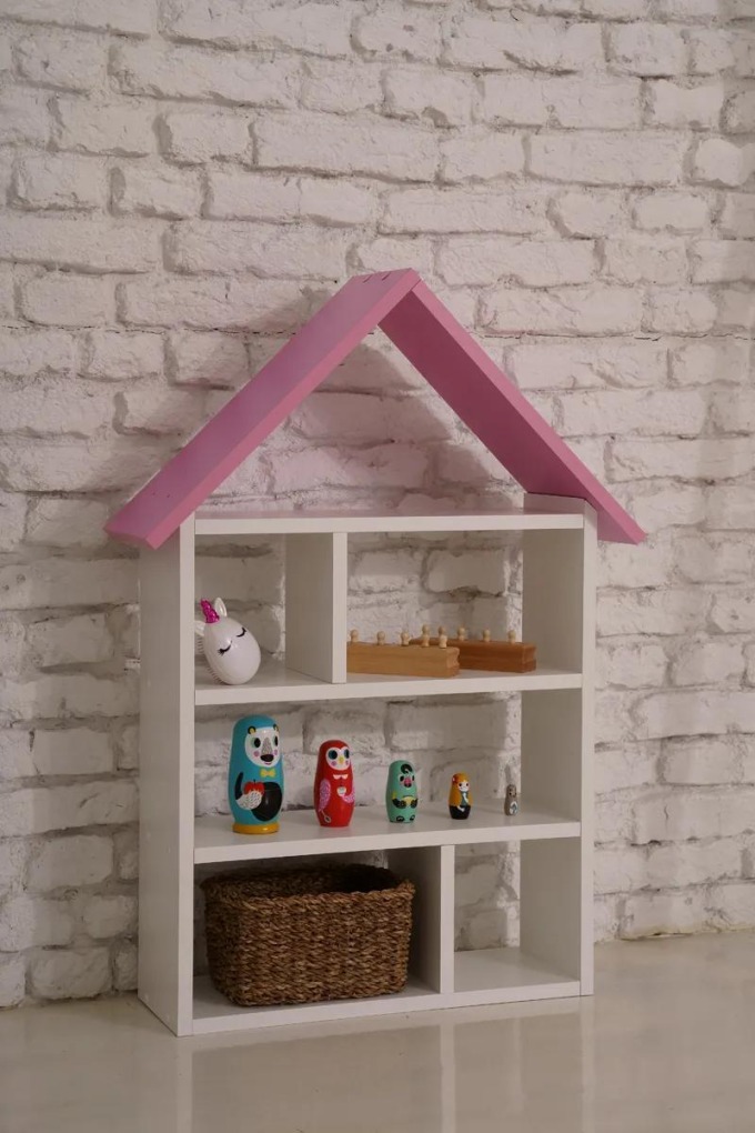 Dětská domečková knihovna s růžovou stříškou, ideální pro malé princezny