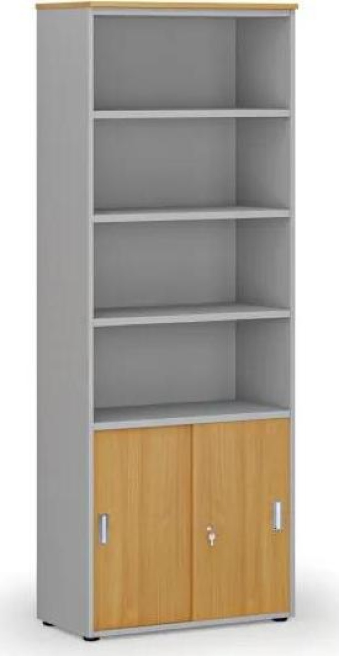 Kombinovaná kancelářská skříň PRIMO GRAY, zasouvací dveře na 2 patra, 2128 x 800 x 420 mm, šedá/buk
