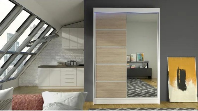 Posuvná skříň Parys III, Barva: bílá + sonoma + zrcadlo, Osvětlení: osvětlení LED RGB - barevné
