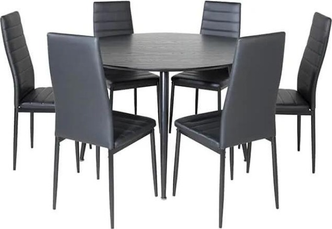 Kompaktní stolní souprava s kulatým dřevěným stolem v černé barvě a černé ekokůži