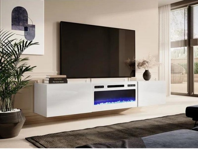 TV stolek Koda 200 s krbem, Barva: bílá / bílá lesk, Krb: bílý