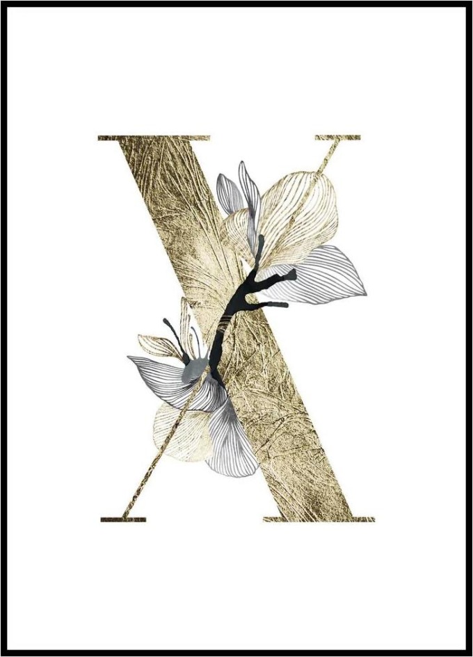 Plakát První písmeno jména - zlatá Rozměr plakátu: A4 (21 x 29,7 cm), Materiál plakátu: 200 g papír, Pozadí: Bílá, Písmeno: X