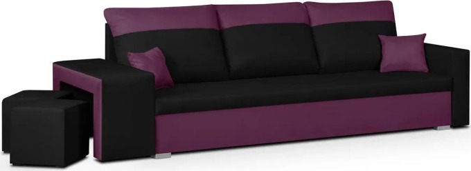 Rozkládací pohovka NEVADA Černá/Fialová+2 Taburety - Elegantní třímístná pohovka s funkcí spaní a úložným prostorem