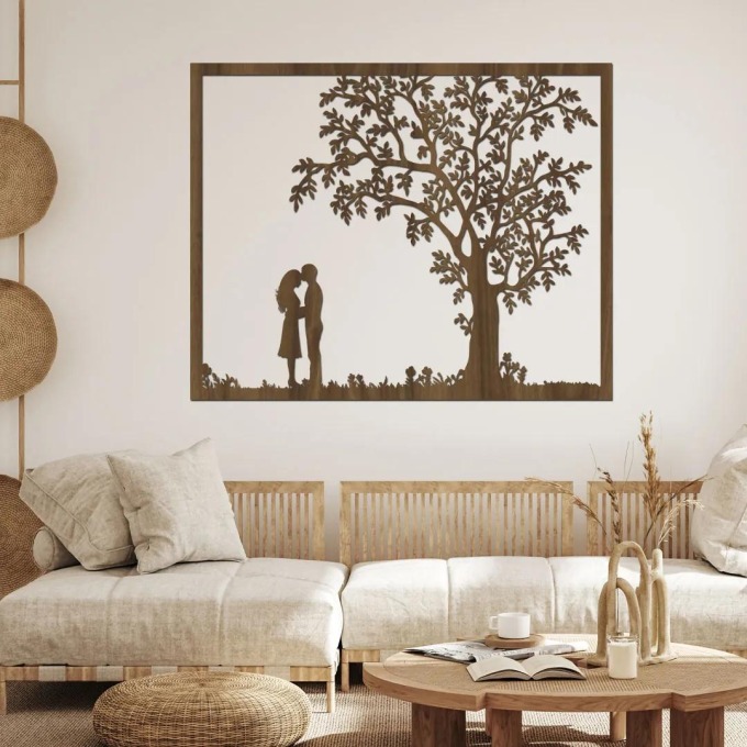 Dřevěný strom na zeď SOUZNĚNÍ - Ořechový barevný vzor, rozměry 40x32 cm, symbolika pohody a harmonie do vašeho domova