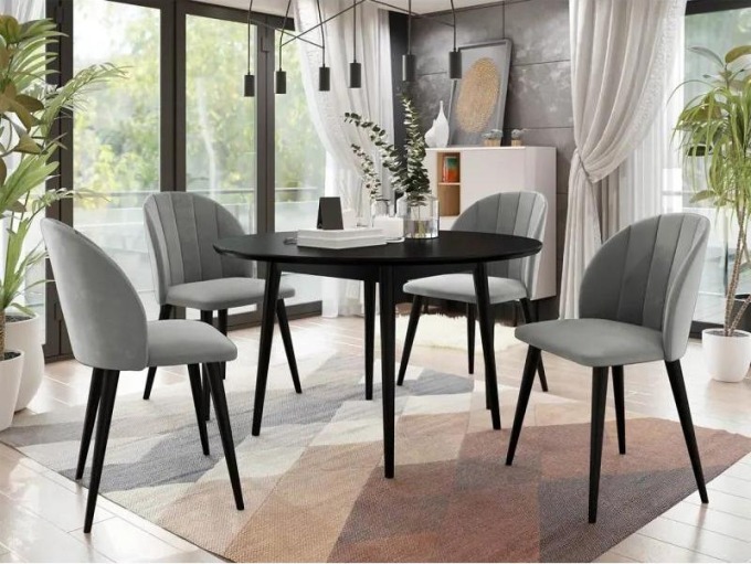 Kulatý stůl Botiler FI 120 se 4 židlemi ST100 04, barva: černá, Potah: Magic Velvet 2217