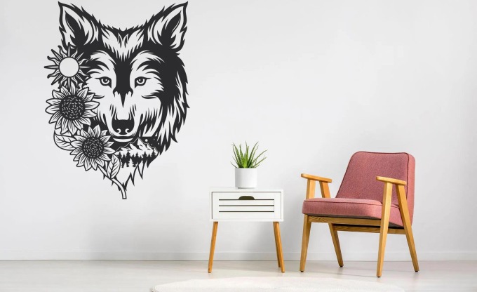 Lepy.cz Samolepka na zeď Vlk - Květiny Velikost (šířka x výška): 88x120cm, Barevná varianta: Světle oranžová