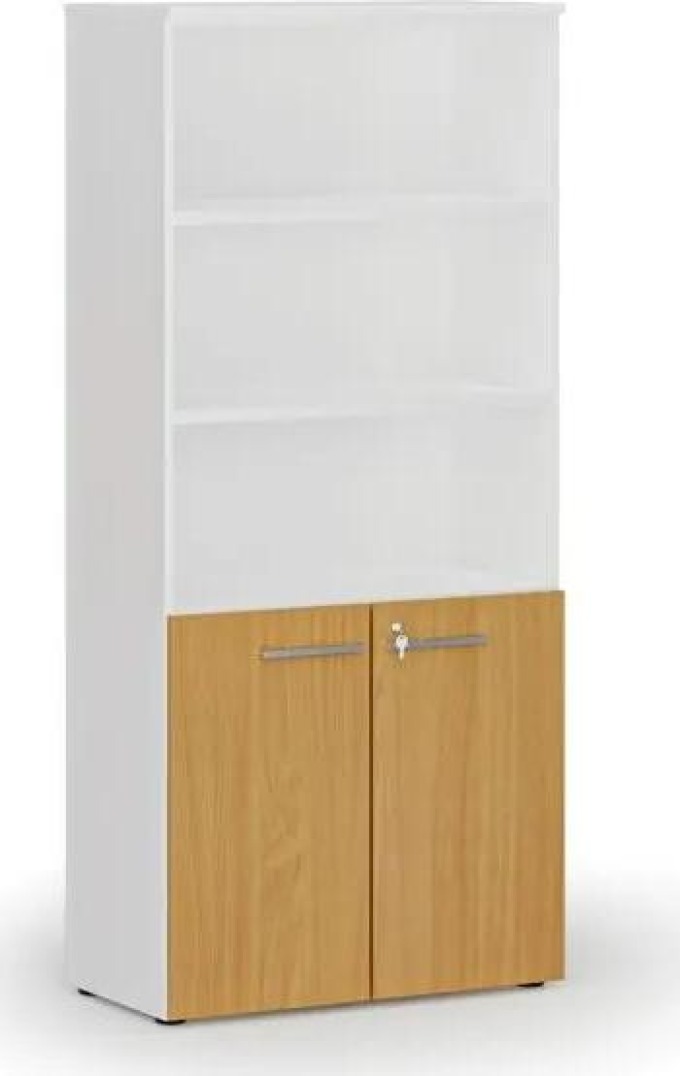 Kombinovaná kancelářská skříň PRIMO WHITE, dveře na 2 patra, 1781 x 800 x 420 mm, bílá/buk