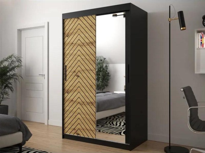 Moderní šatní skříň se zrcadlem Ratintu 2 120 cm, Úložný prostor: ano, Barva: černá / dub artisan + černá