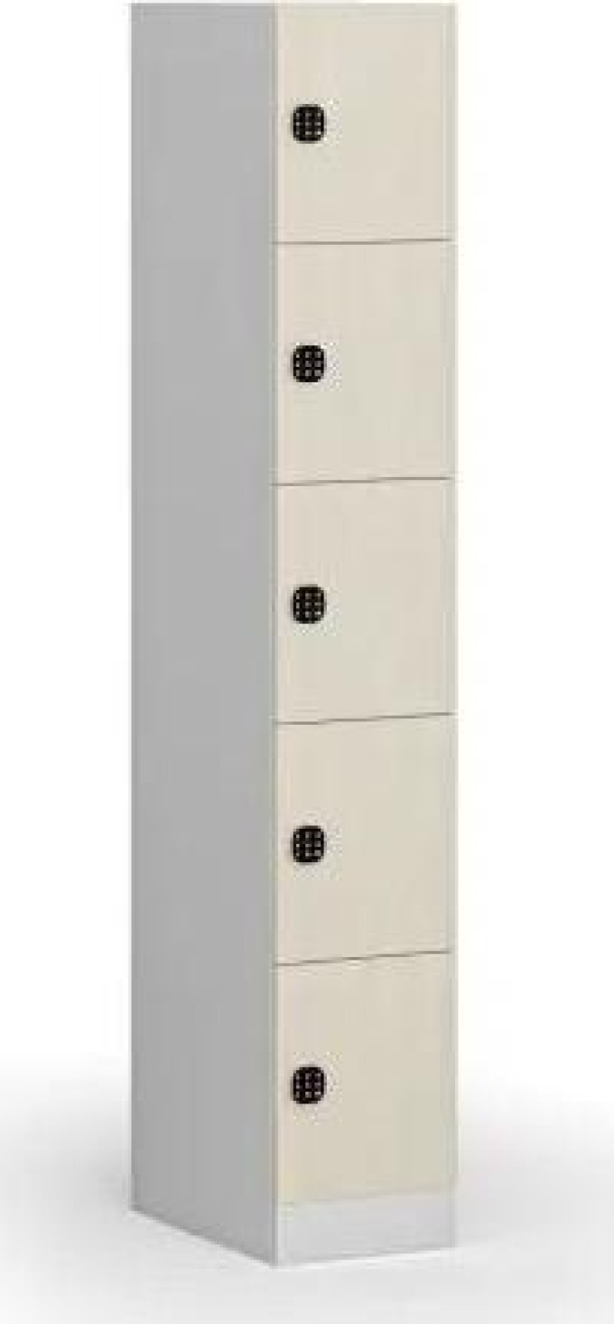 Šatní skříňka s úložnými boxy, 5 boxů, 1850 x 300 x 500 mm, kódový zámek, laminované dveře, bříza