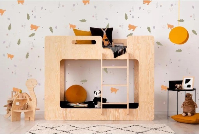 Domečková patrová dětská postel z masivního dřeva 90x200 cm v přírodní barvě Mila DMP Rozměr: 90x190 cm, Vstup do postýlky: Pravá