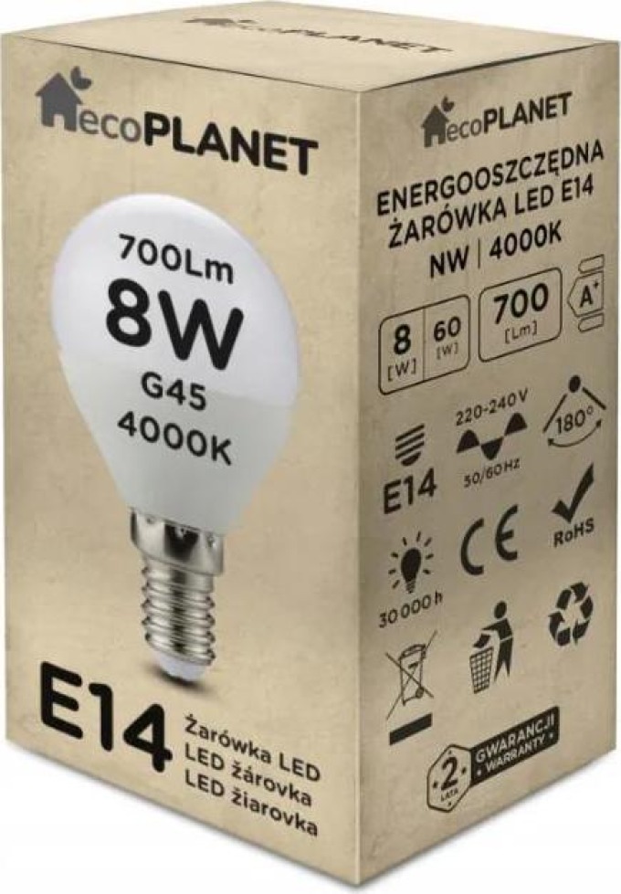 ecoPLANET LED žárovka E14 - G45 - 8W - 700lm - neutrální bílá