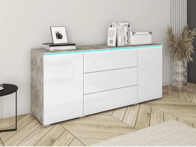 Komoda do pokoje Sawoti 150, Barva: Beton + Bílý lesk, Osvětlení: osvětlení LED RGB - barevné