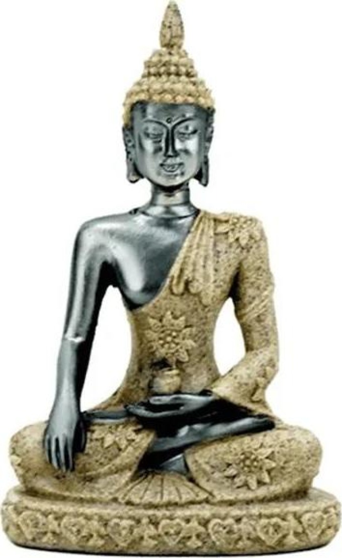 Buddha medicíny v pozici lotosového květu s vázou nektaru dlouhověkosti a rostlinou morybulán jako symbolem Buddhovy ochrany před nemocemi