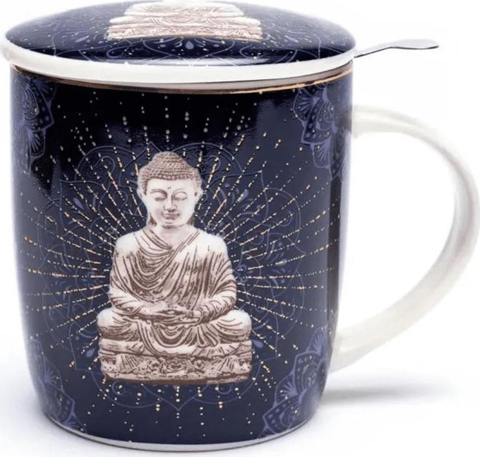 Milujeme Kameny Hrnek s víčkem a sítkem - Buddha - porcelán