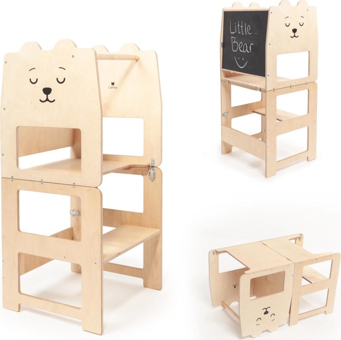 Multifunkční učící věž medvěd přírodní - Víceúčelová dětská věž s křídovou tabulí a možností přestavby na dětský stůl se židlí