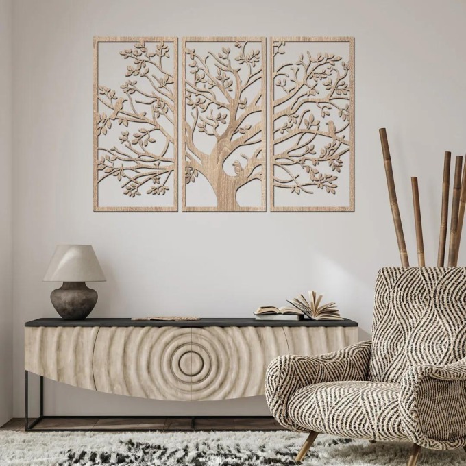 Krásný 3dílný dřevěný strom s ptáky ve světlém dubovém vzoru, rozměry 90x58 cm, který vyzdobí váš obývací pokoj či vstupní halu