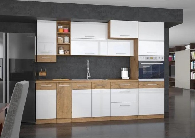 Kuchyňe Woodline III, Barva: Dub lancelot / bíly lesk, Osvětlení: bez osvětlení, Dřez: ne, Pracovní deska do kuchyně: bez pracovní desky