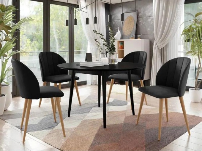 Kulatý stůl Botiler FI 120 se 4 židlemi ST100 04, barva: natura, barva: černá, Potah: Magic Velvet 2219