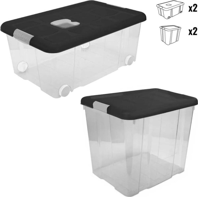 Plastové úložné boxy s víkem a kolečky - balíček 2+2 kusy, ideální pro organizaci a skladování v domácnosti či kanceláři